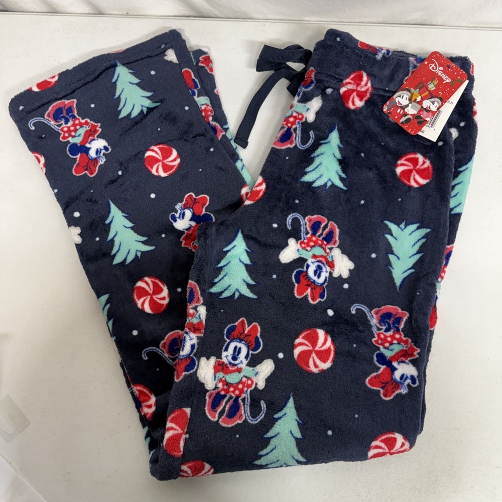 Junior Disney Minnie Mouse Holiday Christmas Fleece Lounge Pajama Pants Navy S